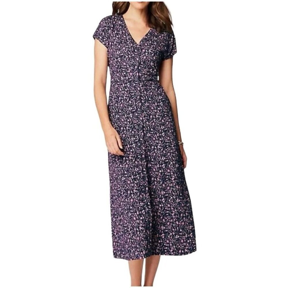 J. Jill Button Front Dress Women's Sz L purple Pink Midi V Neck Tie Back Pockets